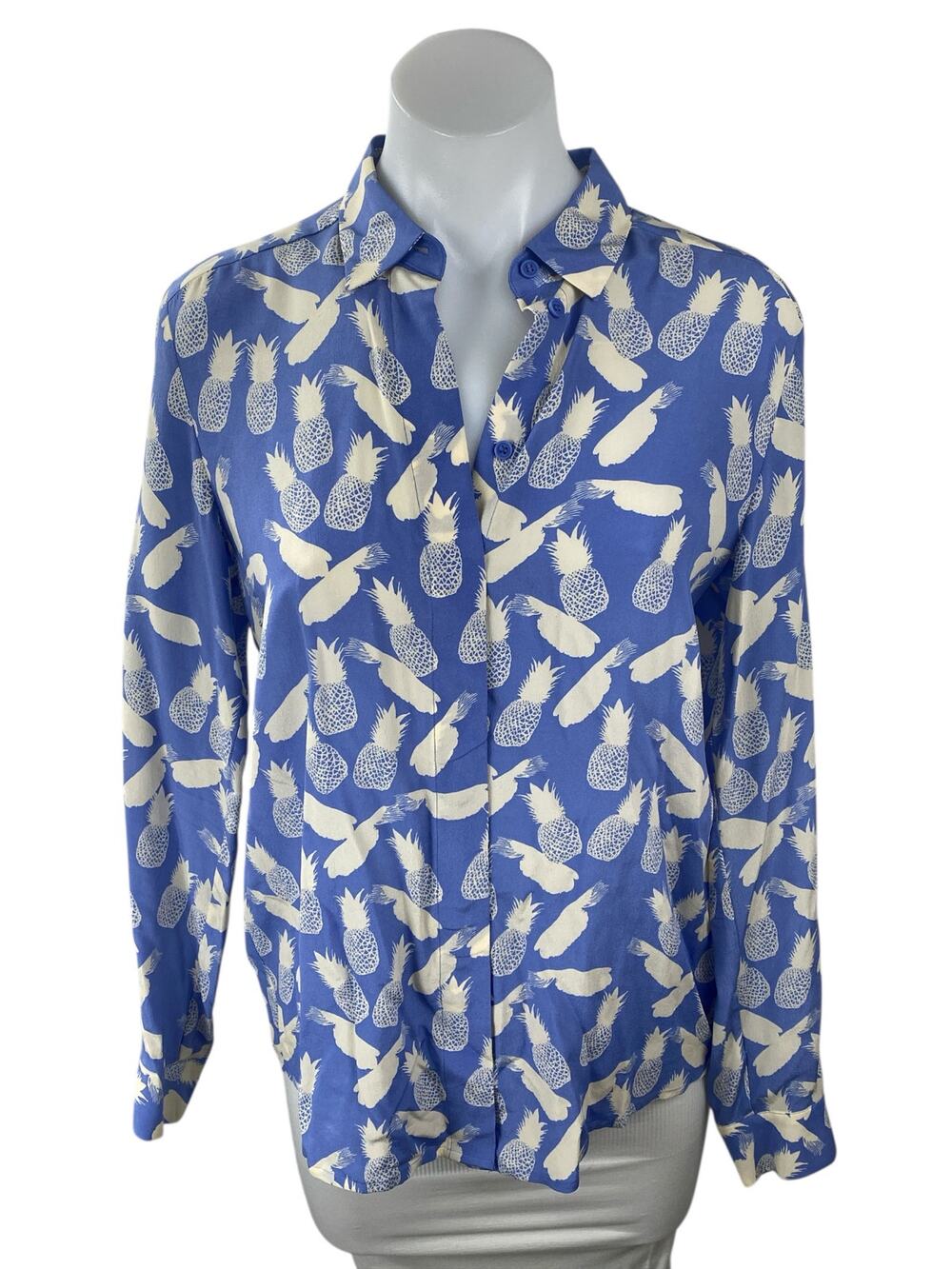 & Other Stories 100% Silk Blue Pineapple Print Long Sleeve Button Up Shirt Top 4